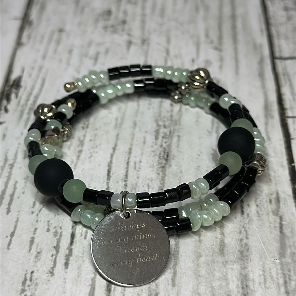 Handmade beaded bracelet, Black and mint green wrap bracelet, charm bracelet wit